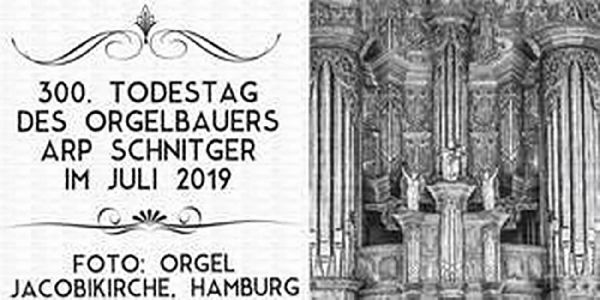 Ziert Behördenpost. Der Frankierabdruck zum 300 Todestag von Arp Schnitger. Foto: pr Arp Schnitger: Verwaltung würdigt Orgelbauer mit Frankierabdruck