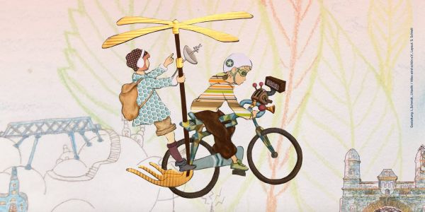 Auf dem Plakat des Wettberwerbs dargestellt: So in etwa könnte Harburg in 50 Jahren aussehen. Mit dem Flugfahrrad geht es in Richtung Elbbrücke. Foto: privat "Harburg in 50 Jahren“: Jetzt um Jugendkulturpreis bewerben