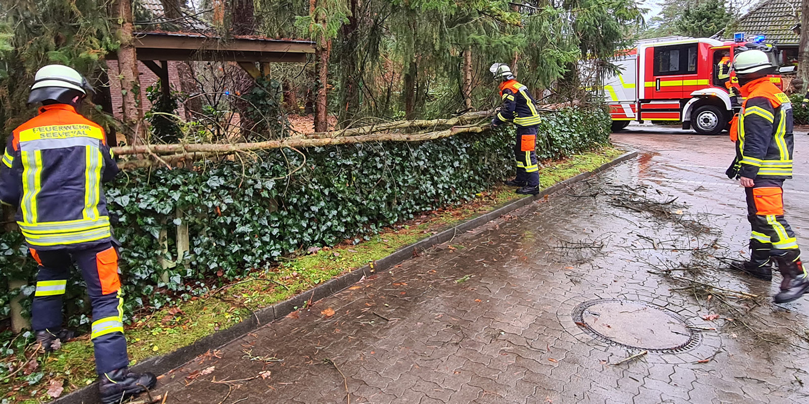 In Horst beseitigte die Feuerwehr Maschen einen über die Straße gefallenen Baum. Foto: Feuerwehr