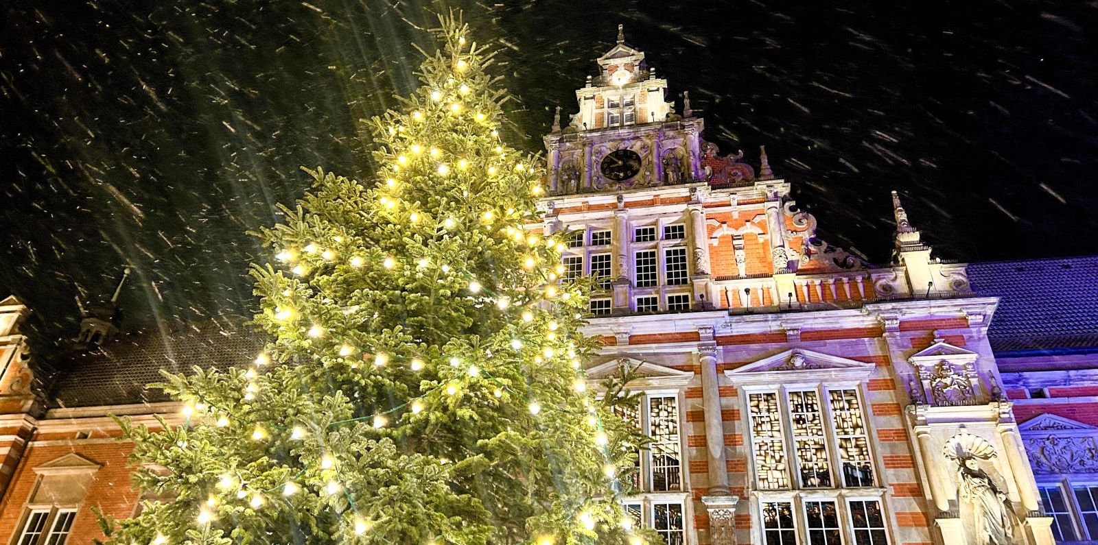 Der erste Schneefall in Harburg: Das wurde der Weihnachtsbaum auf dem Weihnachtsmarkt zum idyllischen Hingucker. Foto: Lenthe-Medien